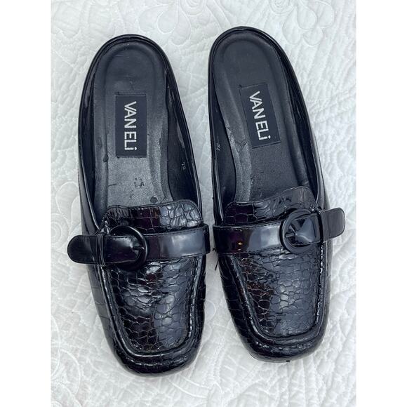 Vaneli Black Crocodile Embossed Leather Slip On Summer Slides Shoes - Size 7M - Picture 5 of 11